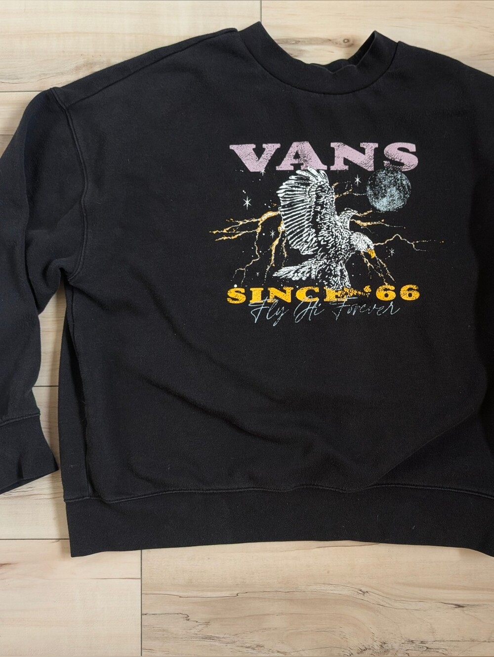 Vans Black Crewneck Sweatshirt w/ Pink Logo, Eagle 'Since '66 | Fly Hi Forever'